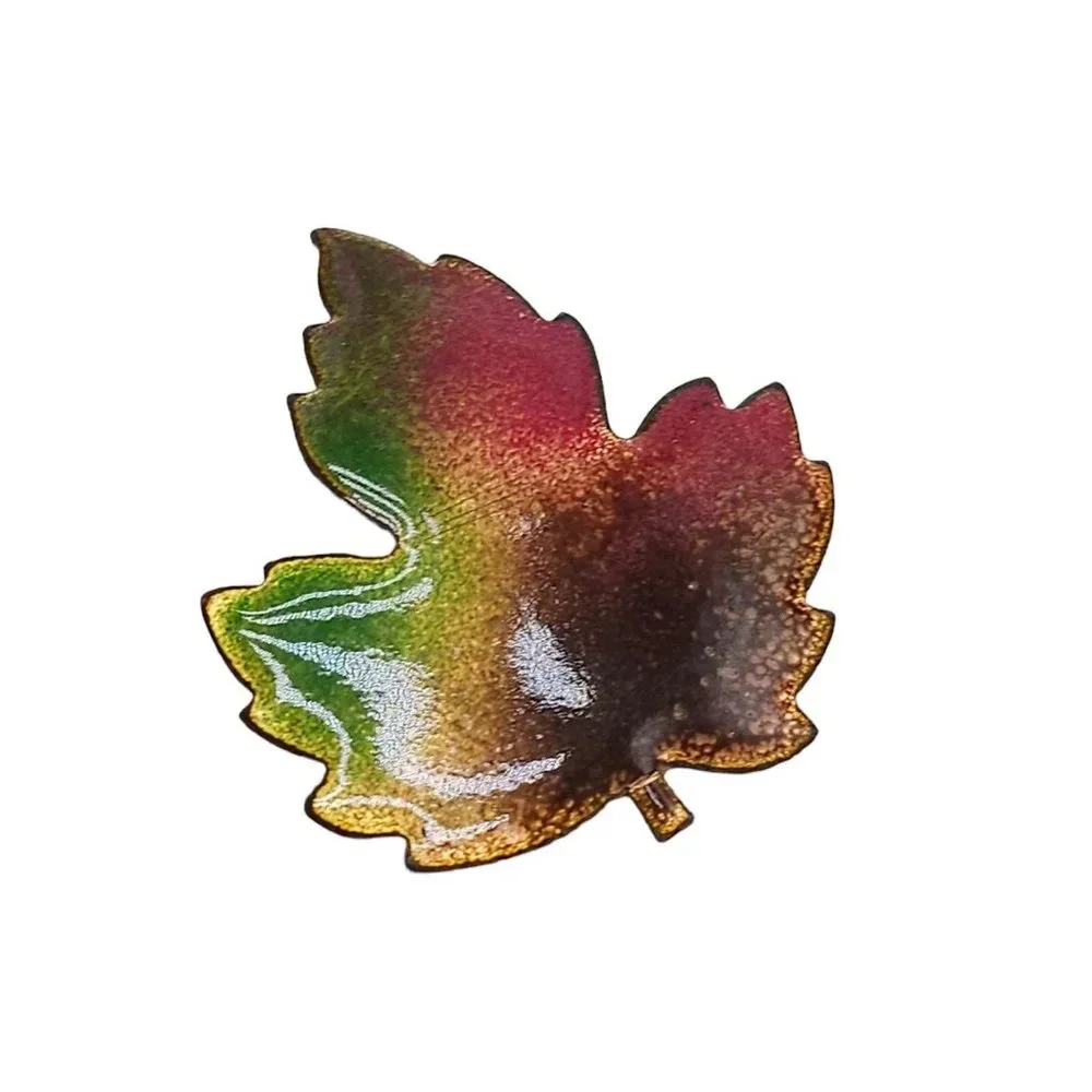 Multicolor Enamel on Copper Maple Leaf Brooch Pin Vintage Fall Autumn